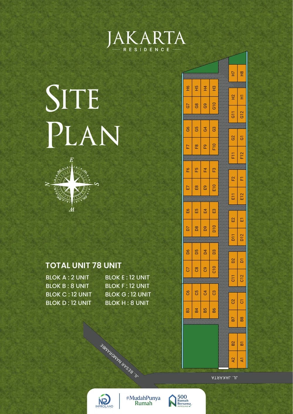 Site plan Jakarta Residence dengan label blok dan nomor kavling serta akses jalan, bukan peta stok terbaru