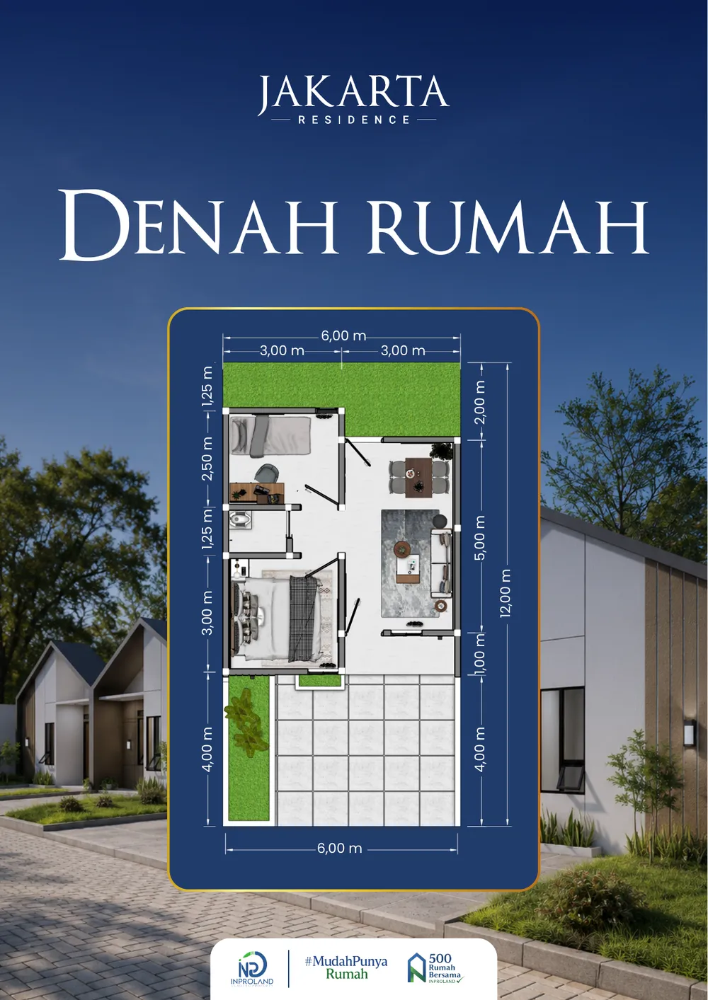 Denah ilustrasi Jakarta Residence dengan susunan ruang dan perabot, bukan ukuran bukaan pintu unit