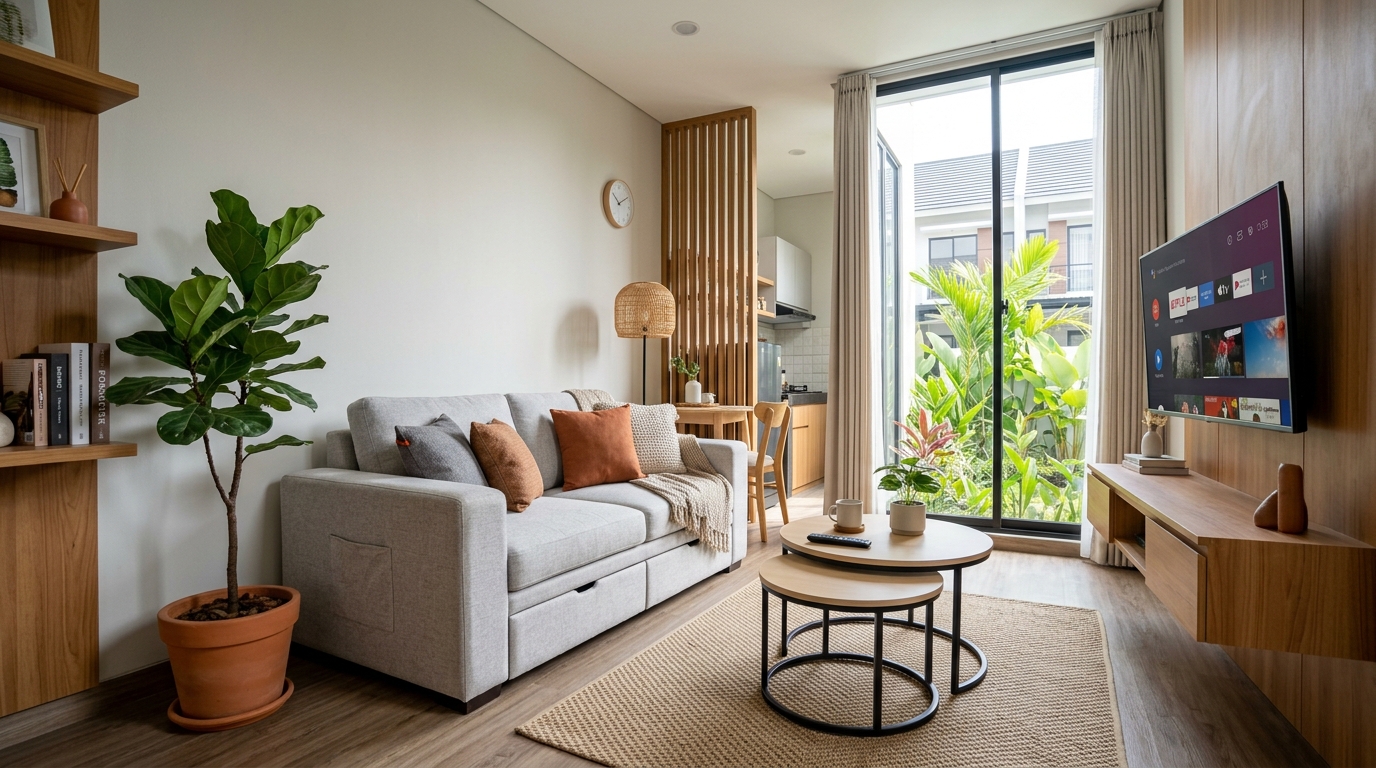 Interior ruang tamu rumah minimalis type 36 72 dengan perabotan multifungsi rapi dan lega