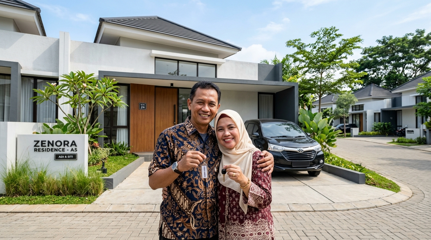 Pelaku usaha UMKM tersenyum memegang kunci rumah di perumahan klaster Medan