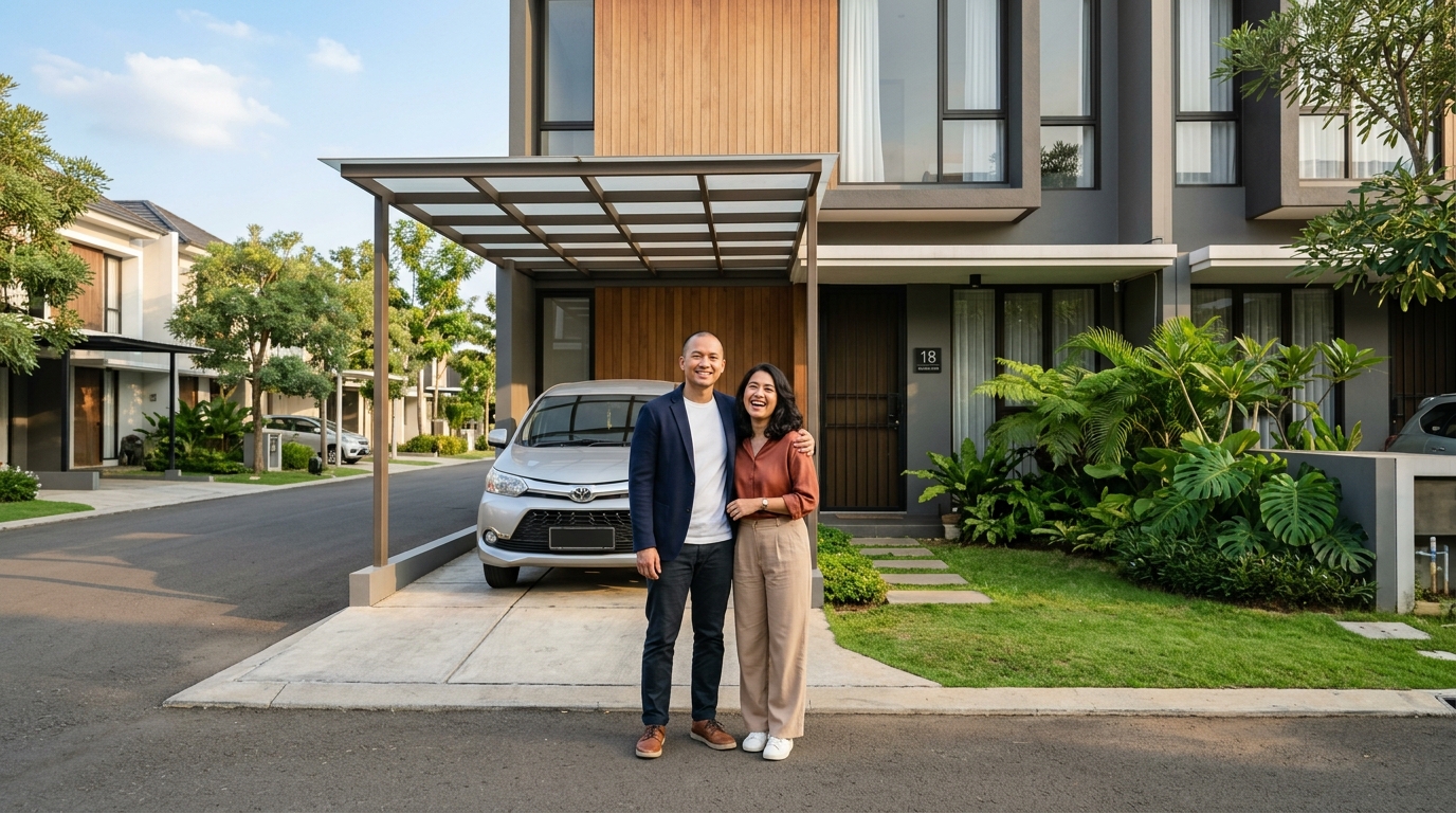 Pasangan karyawan swasta di depan rumah KPR modern dan nyaman dengan carport minimalis