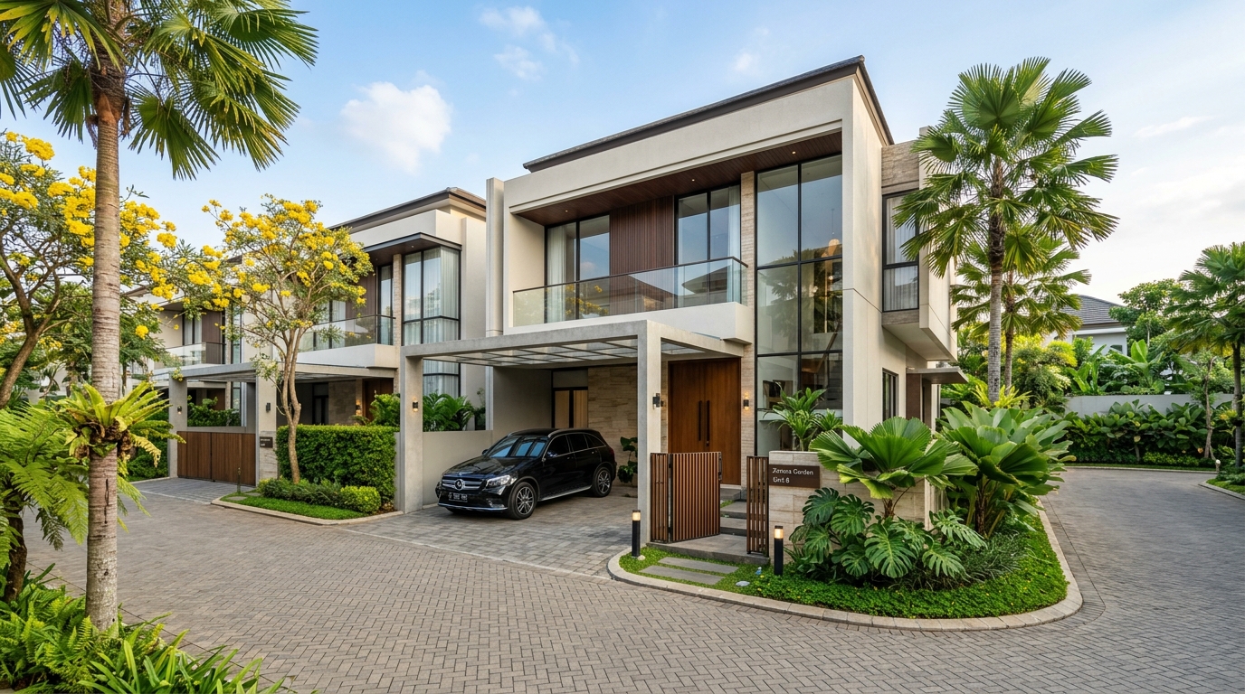Deretan rumah modern minimalis asri di perumahan klaster Medan dengan carport pribadi